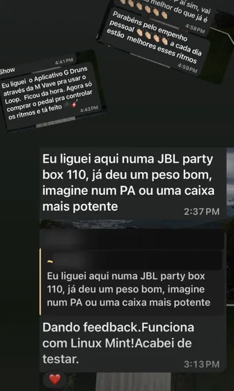 Mensagem de um músico contando como usa o GDrums
