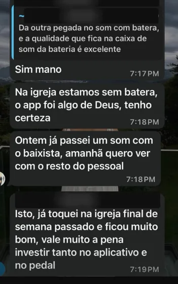 Mensagem de um músico contando como usa o GDrums