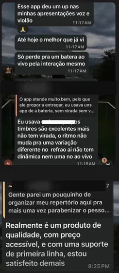 Mensagem de um músico contando como usa o GDrums