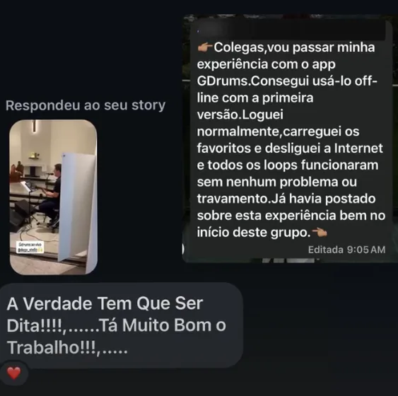 Mensagem de um músico contando como usa o GDrums