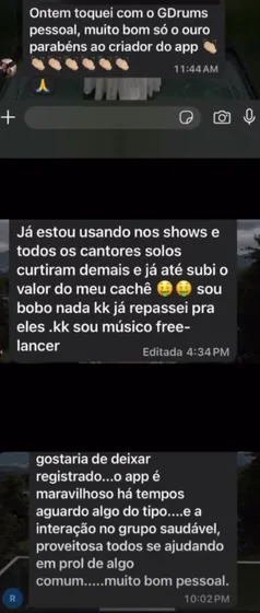 Mensagem de um músico contando como usa o GDrums