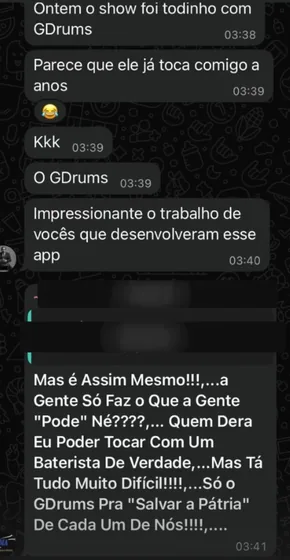 Mensagem de um músico contando como usa o GDrums