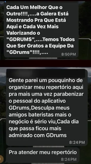 Mensagem de um músico contando como usa o GDrums