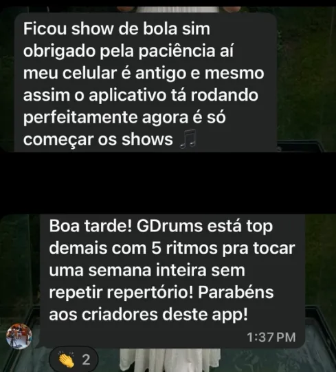 Mensagem de um músico contando como usa o GDrums