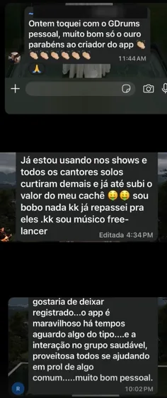Mensagem de um músico contando como usa o GDrums