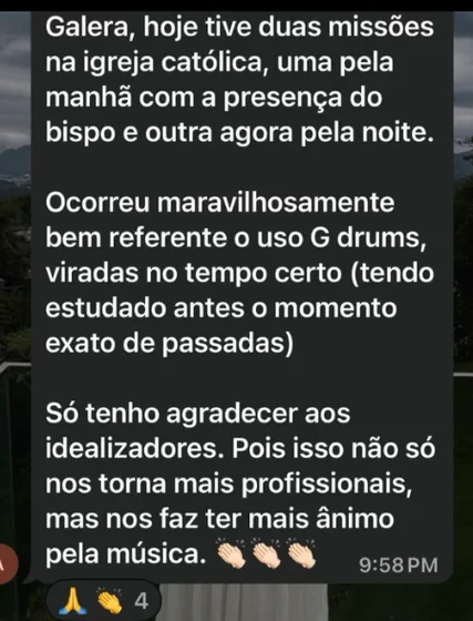 Mensagem de um músico contando como usa o GDrums