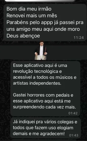 Mensagem de um músico contando como usa o GDrums