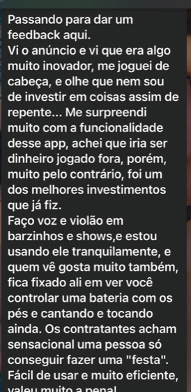 Mensagem de um músico contando como usa o GDrums